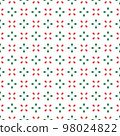 Abstract vector seamless pattern. Simple geometrical repeated background for holiday designs. Classic festive colors. Christmas or birthday tile print in red, green, and white colors. 98024822