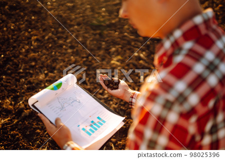 Hand of expert farmer collect soil and checking soil health before growth a seed of vegetable. 98025396