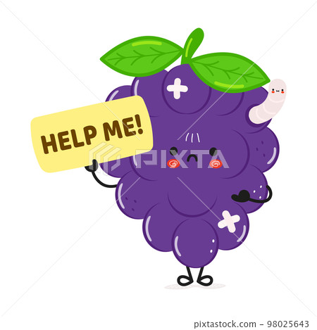 Cute sad sick grape asks for help character. Vector hand drawn cartoon kawaii character illustration icon. Isolated on white background. Suffering unhealthy grape character concept Cute sad sick grape asks for help character. Vector hand drawn cartoon kawaii character illustration icon. Isolated on white background. Suffering unhealthy grape character concept 98025643