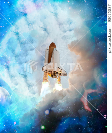 Shuttle launch in the clouds to outer space. Dark space with stars on background.Spaceship flight. Elements of this image furnished by NASA 98025887