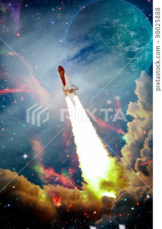 Shuttle launch in the clouds to outer space. Dark space with stars on background.Spaceship flight. Elements of this image furnished by NASA 98025888