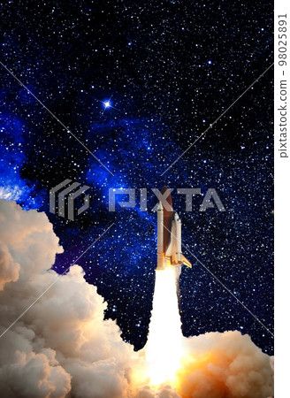 Shuttle launch in the clouds to outer space. Dark space with stars on background.Spaceship flight. Elements of this image furnished by NASA Shuttle launch in the clouds to outer space. Dark space with stars on background.Spaceship flight. Elements of this image furnished by NASA 98025891
