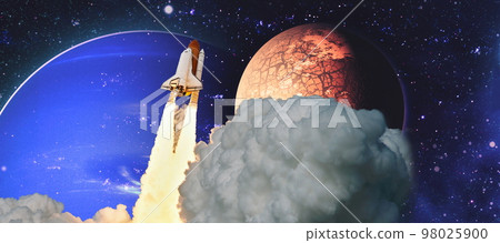 Shuttle launch in the clouds to outer space. Dark space with stars on background.Spaceship flight. Elements of this image furnished by NASA Shuttle launch in the clouds to outer space. Dark space with stars on background.Spaceship flight. Elements of this image furnished by NASA 98025900