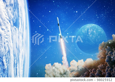 Shuttle launch in the clouds to outer space. Dark space with stars on background.Spaceship flight. Elements of this image furnished by NASA 98025912