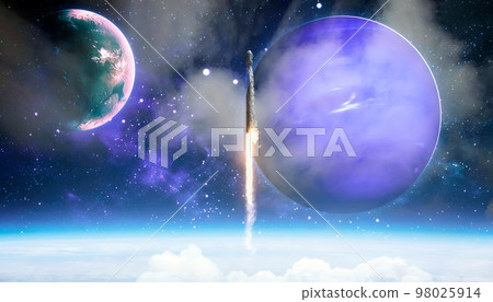 Shuttle launch in the clouds to outer space. Dark space with stars on background.Spaceship flight. Elements of this image furnished by NASA 98025914