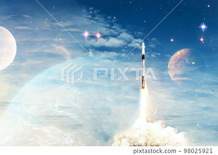 Shuttle launch in the clouds to outer space. Dark space with stars on background.Spaceship flight. Elements of this image furnished by NASA Shuttle launch in the clouds to outer space. Dark space with stars on background.Spaceship flight. Elements of this image furnished by NASA 98025921