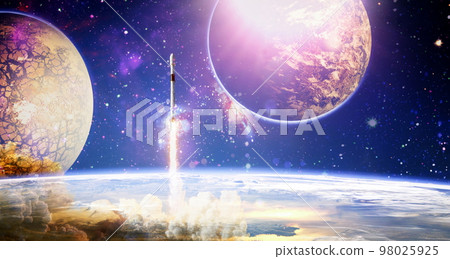 Shuttle launch in the clouds to outer space. Dark space with stars on background.Spaceship flight. Elements of this image furnished by NASA 98025925