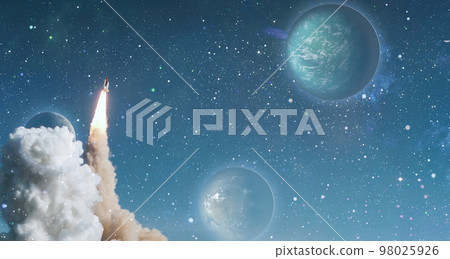 Shuttle launch in the clouds to outer space. Dark space with stars on background.Spaceship flight. Elements of this image furnished by NASA Shuttle launch in the clouds to outer space. Dark space with stars on background.Spaceship flight. Elements of this image furnished by NASA 98025926
