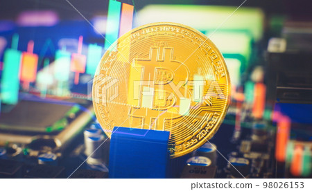 Bitcoin cryptocurrency new version on computer electronic circuit board background . Virtual cryptocurrency money Bitcoin golden 98026153