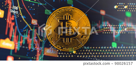 Bitcoin cryptocurrency new version on computer electronic circuit board background . Virtual cryptocurrency money Bitcoin golden 98026157