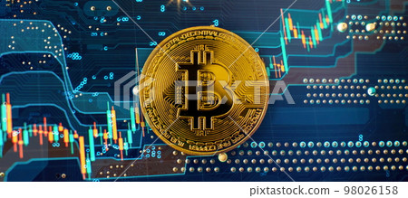 Bitcoin cryptocurrency new version on computer electronic circuit board background . Virtual cryptocurrency money Bitcoin golden 98026158