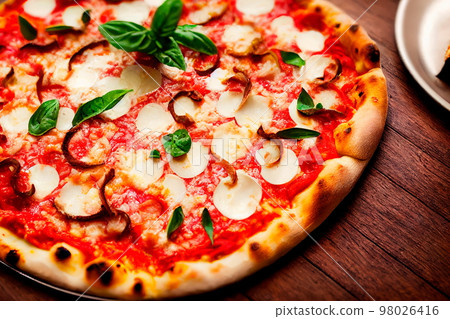 Fresh Homemade Italian Pizza ast food italian traditional on wooden board table classic in side view Fresh Homemade Italian Pizza ast food italian traditional on wooden board table classic in side view 98026416
