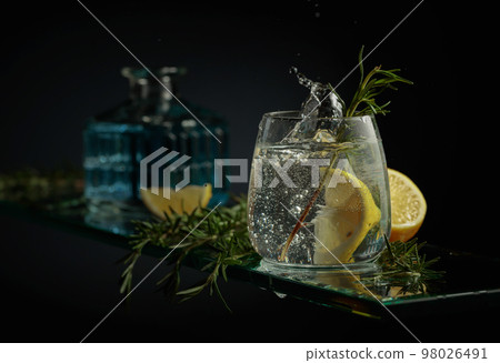 Gin tonic cocktail with lemon and rosemary. Gin tonic cocktail with lemon and rosemary. 98026491