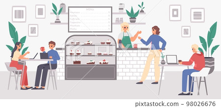 Young working in cafe. Eating desserts, drink coffee and work. Coworking in cafeteria, teenagers with laptop. Snugly barista sell drinks vector scene 98026676