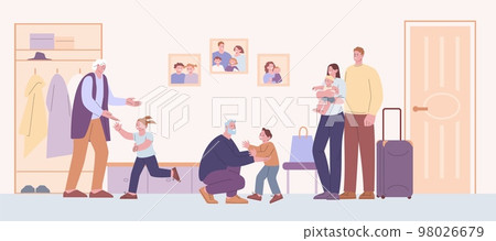 Children meeting grandparents. Visit to grandparent, girl and boy run greeting seniors. Children hug grandma, summer vacation kicky vector scene Children meeting grandparents. Visit to grandparent, girl and boy run greeting seniors. Children hug grandma, summer vacation kicky vector scene 98026679