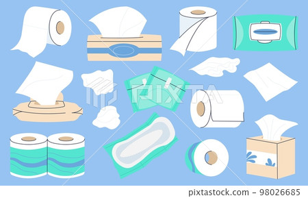 Tissue paper set. Toilet rolls, papers towel box. Wet and dry napkin or doily. Facial and hands sanitary and self hygiene elements. Decent vector bathroom collection Tissue paper set. Toilet rolls, papers towel box. Wet and dry napkin or doily. Facial and hands sanitary and self hygiene elements. Decent vector bathroom collection 98026685