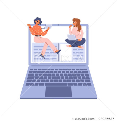 Students learning online with computer. Cute cartoon teens reading in web library. Video call conversation for exam prepare together vector scene Students learning online with computer. Cute cartoon teens reading in web library. Video call conversation for exam prepare together vector scene 98026687