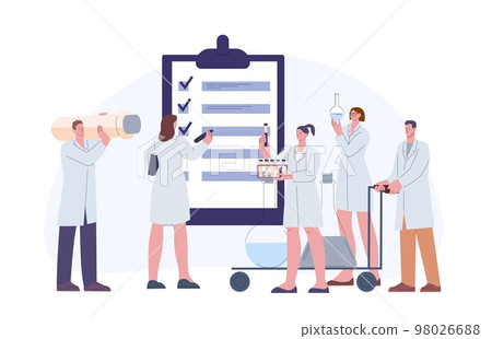 Pharmaceutical audit concept. Scientist with lab equipment and doctors. Hospital or laboratory management. Medication development vector process Pharmaceutical audit concept. Scientist with lab equipment and doctors. Hospital or laboratory management. Medication development vector process 98026688
