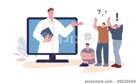 Online medicine scene with doctor and patients. People in depression and panic, nervous woman. Telemedicine, psychology support vector concept Online medicine scene with doctor and patients. People in depression and panic, nervous woman. Telemedicine, psychology support vector concept 98026689
