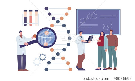 Genetic test for pregnancy couple. Pregnant woman, man and genetics scientists look DNA molecule structure. Baby and mother health vector concept Genetic test for pregnancy couple. Pregnant woman, man and genetics scientists look DNA molecule structure. Baby and mother health vector concept 98026692