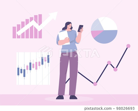 Female financial analytics, investment and banking manager. Audit accountant, businesswoman with smartphone looks charts. Vector business character 98026693