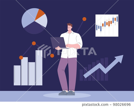 Businessman, financial analytics, investment and banking manager. Audit accountant, man with laptop looks charts. Vector male business character Businessman, financial analytics, investment and banking manager. Audit accountant, man with laptop looks charts. Vector male business character 98026696