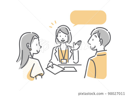 一個年輕的女人和一個男人在窗口接受解釋簡單而時尚的線條畫插圖 一個年輕的女人和一個男人在窗口接受解釋簡單而時尚的線條畫插圖 98027011