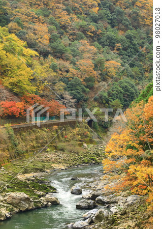 Hozukyo Gorge in Autumn Mountain Range with Autumn Leaves 98027018