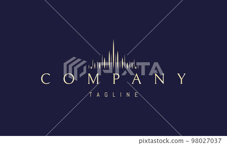 Vector golden logo on which an abstract image of the silhouette of the kingdom composed of sharp rays. 98027037