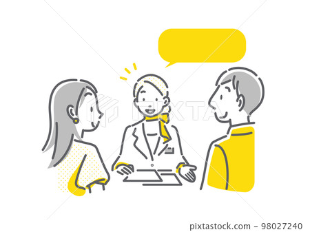 A young couple receiving an explanation from a female staff Simple and stylish line drawing illustration 98027240