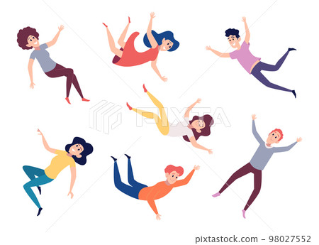 Flying people. Falling and flying happy dreaming characters male and female persons exact vector illustrations action poses Flying people. Falling and flying happy dreaming characters male and female persons exact vector illustrations action poses 98027552