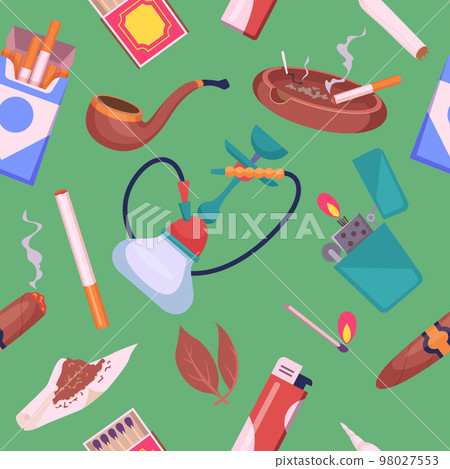 Cigarettes pattern. Tobacco leaves and tubes lighters pictures exact vector seamless background 98027553