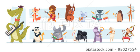 Animals musicians. Wild zoo characters play music instruments exact vector cartoon illustrations of animals on concert 98027554