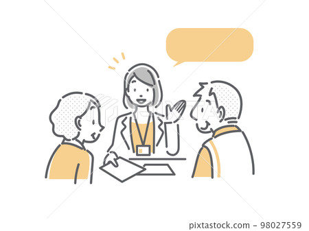 A senior couple receiving an explanation at the window Simple and stylish line drawing illustration 98027559