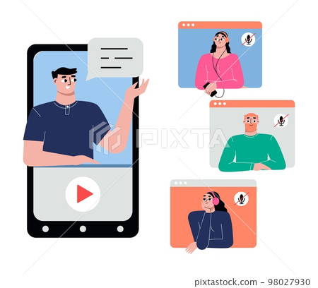 Smartphone streaming online. People conversation and watching and listen web webinar. Business meeting with boss, student discussion sapid vector scene Smartphone streaming online. People conversation and watching and listen web webinar. Business meeting with boss, student discussion sapid vector scene 98027930