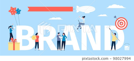 Brand building characters team, creative designers and developers. Young business people create start up. Promotion and digital marketing recent vector scene 98027994