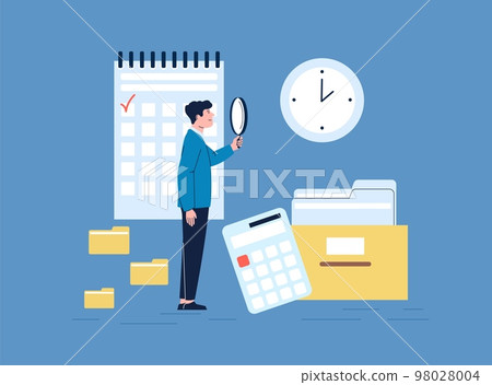 Taxes time is coming. Accounting manager look magnifying glass to clock, stay with folders, documents and calendar. Financial or administrative vector worker 98028004