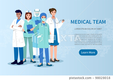 Medical team . Doctor nurse surgeon assistant and copy space . Cartoon character . Vector . Medical team . Doctor nurse surgeon assistant and copy space . Cartoon character . Vector . 98028018