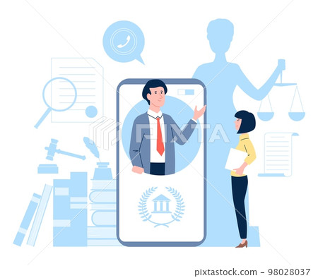 Online lawyer service app. Legal support for person and business. Law advice or consultation on smartphone. Recent vector mobile justice scene Online lawyer service app. Legal support for person and business. Law advice or consultation on smartphone. Recent vector mobile justice scene 98028037