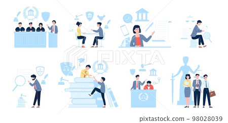 Lawyers characters in court, lawyer and legal departments. Law support, office justice and contract with advocate. Trial judge recent vector set 98028039