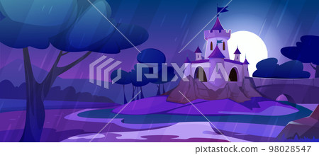 Cartoon magic castle on hill at rainy weather in darkness 98028547
