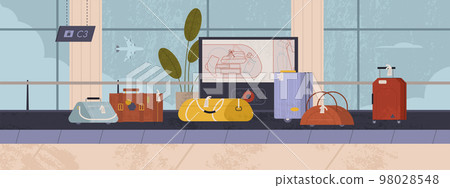 Flat airport conveyor belt with passenger luggage 98028548