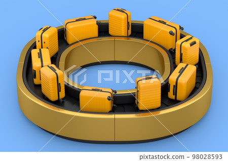 Airport luggage conveyor belt or baggage claim area with suitcases on blue. Airport luggage conveyor belt or baggage claim area with suitcases on blue. 98028593