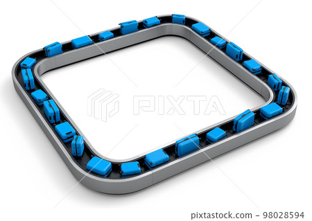 Airport luggage conveyor belt or baggage claim area with suitcases on white. Airport luggage conveyor belt or baggage claim area with suitcases on white. 98028594