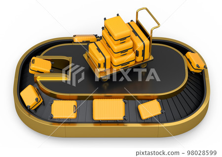 Airport luggage conveyor belt or baggage claim area with suitcases on white. Airport luggage conveyor belt or baggage claim area with suitcases on white. 98028599