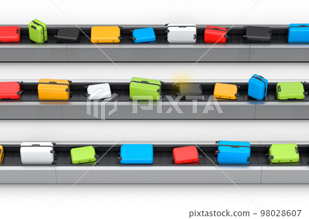 Airport luggage conveyor belt or baggage claim area with suitcases on white. Airport luggage conveyor belt or baggage claim area with suitcases on white. 98028607