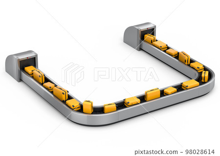Airport luggage conveyor belt or baggage claim area with suitcases on white. Airport luggage conveyor belt or baggage claim area with suitcases on white. 98028614
