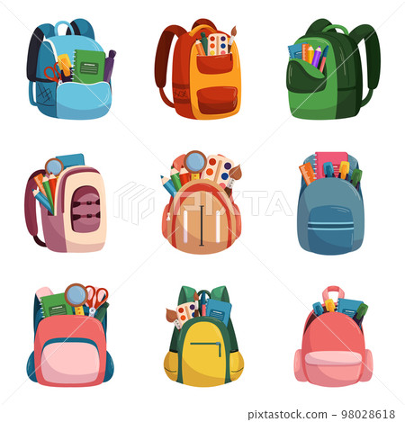 Set Of Schoolbags, Kids School Bags Of Bright Colors, Knapsacks And Rucksacks With Student Stationery And Notebooks Set Of Schoolbags, Kids School Bags Of Bright Colors, Knapsacks And Rucksacks With Student Stationery And Notebooks 98028618