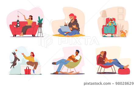 Set Of People Spend Time With Cats And Dogs. Male And Female Characters Playing, Hugging With Pets Vector Illustration 98028629