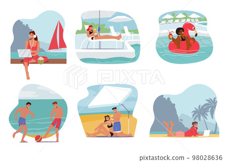 Set Of People Relax On Beach Resort. Relaxed Male And Female Characters Work On Laptop, Tanning On Yacht 98028636